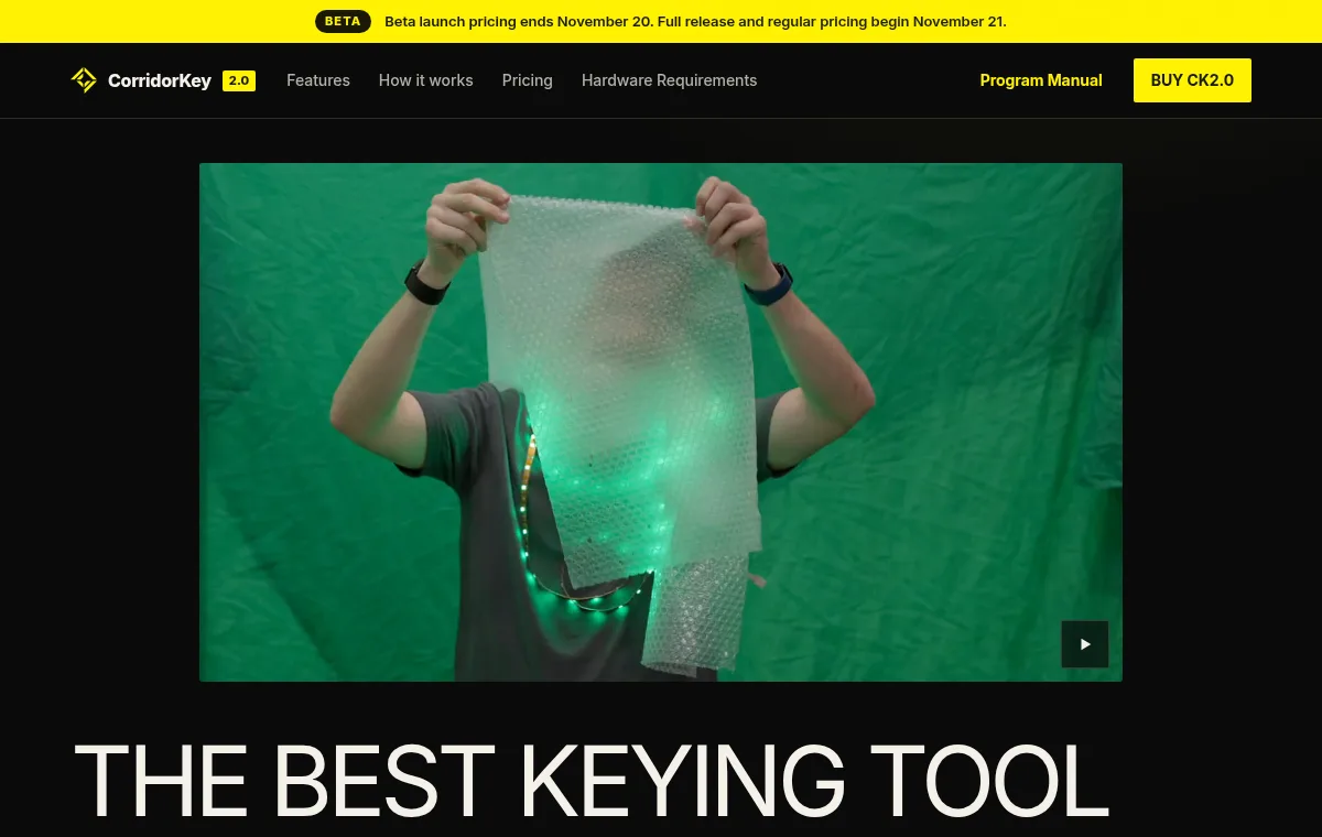 Real screenshot of the CorridorKey 2.0 home page with a green screen test shot of a person holding bubble wrap and a banner saying beta launch pricing ends November 20