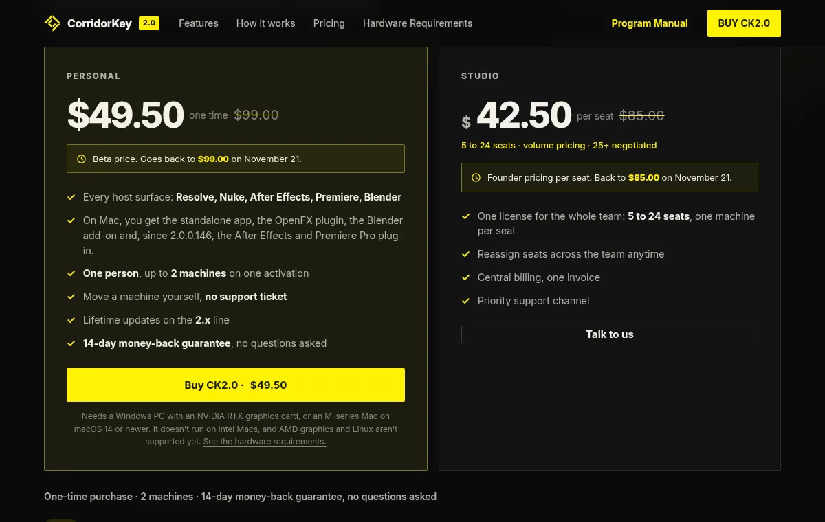 CorridorKey 2.0 pricing section showing the Personal plan at $49.50 one time, back to $99 on November 21, and the Studio plan at $42.50 per seat