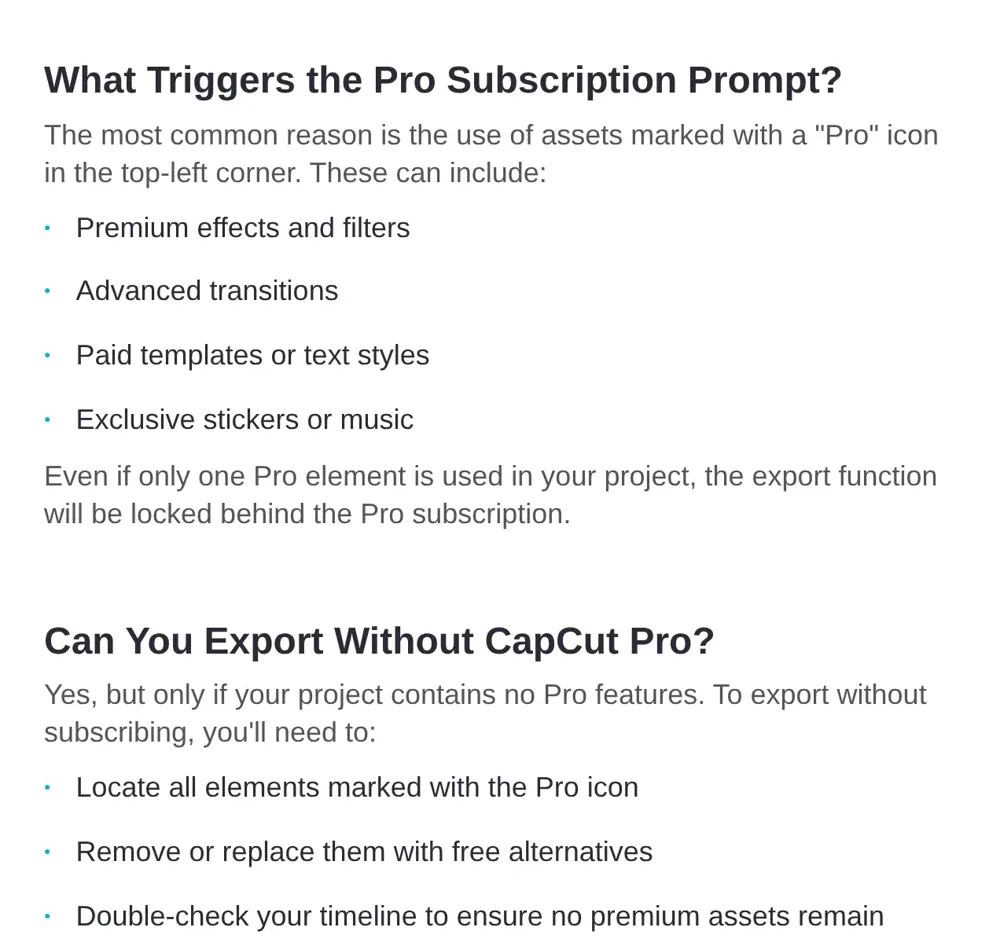 Real screenshot of CapCut's help page explaining that one Pro element locks the export and that you can export free only after removing or replacing every Pro item