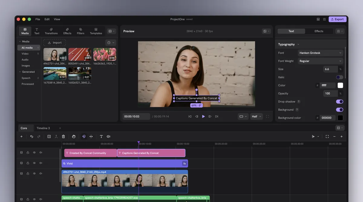 Concat's editor with a media bin, a 4K preview showing a caption on a talking head shot, a text panel and a multitrack timeline with caption, effect, video and speech tracks