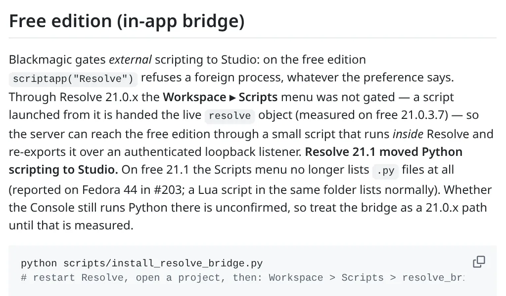 Real screenshot of the samuelgursky davinci-resolve-mcp README on GitHub saying Resolve 21.1 moved Python scripting to Studio and the Scripts menu on free 21.1 no longer lists .py files