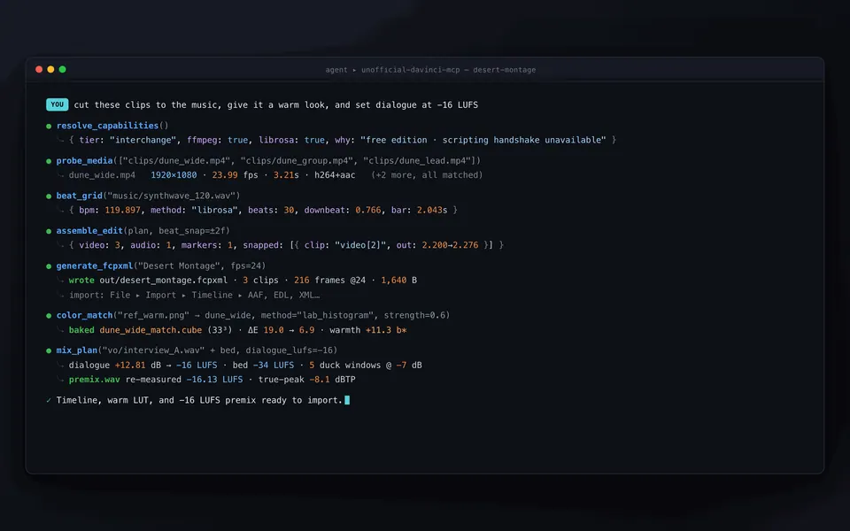 Screenshot of a terminal session where an AI agent runs the Unofficial DaVinci MCP tools: capabilities, probe, beat grid, assemble, FCPXML export, color match and mix plan