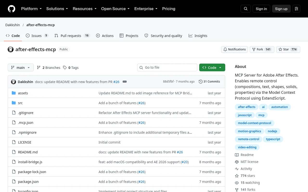 Dakkshin after-effects-mcp repository on GitHub