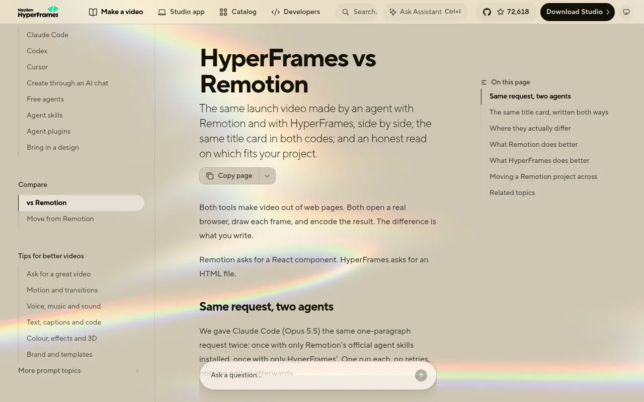 HyperFrames docs page comparing HyperFrames and Remotion