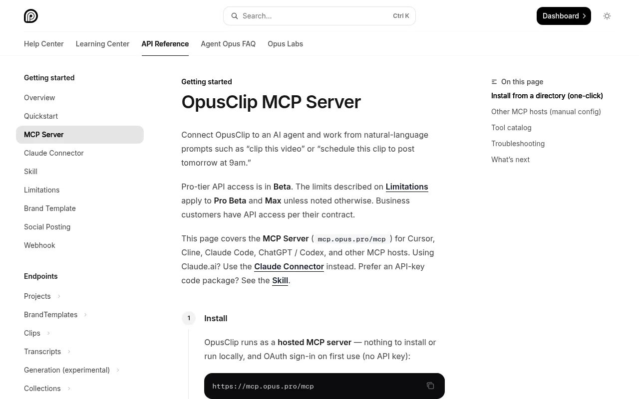 OpusClip MCP Server docs page