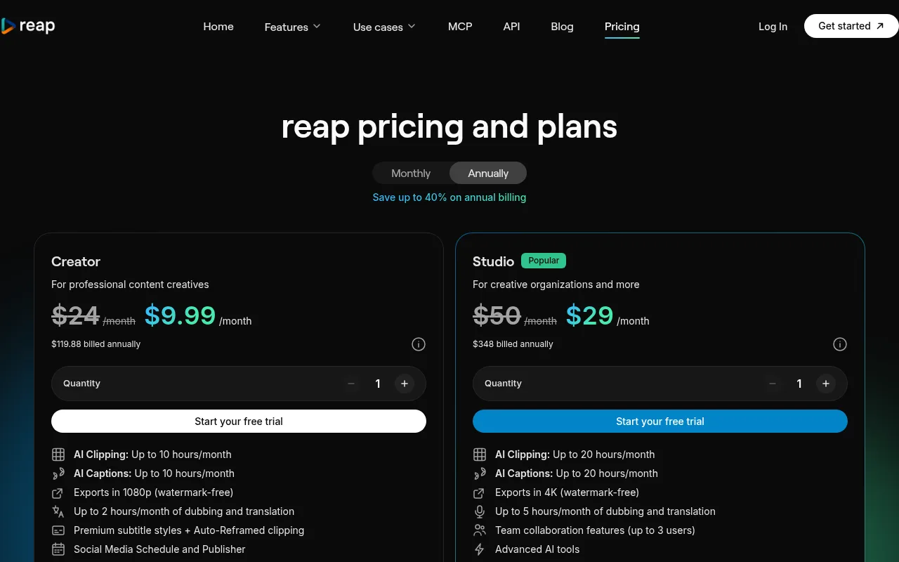 Reap pricing page