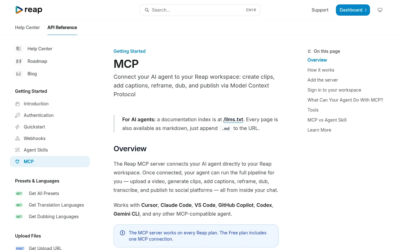 Reap MCP docs page