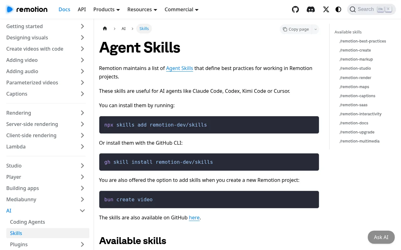 Remotion Agent Skills docs page