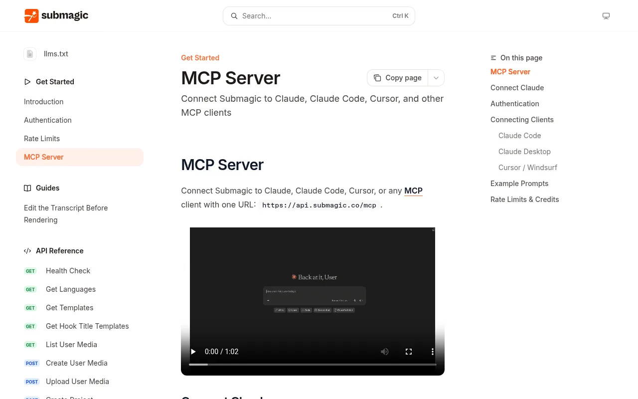 Submagic MCP Server docs page