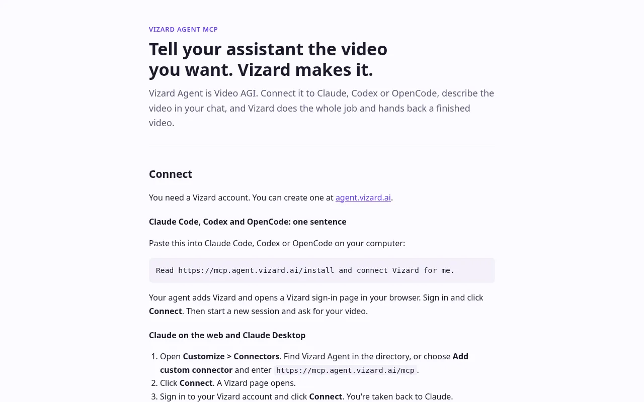 Vizard Agent MCP docs page