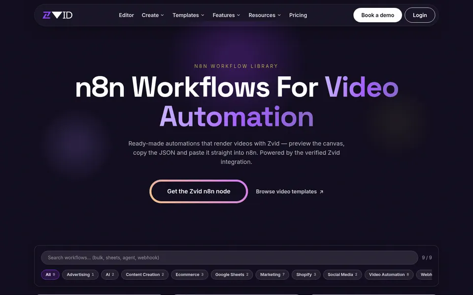 Zvid's library of ready made n8n workflows that render videos