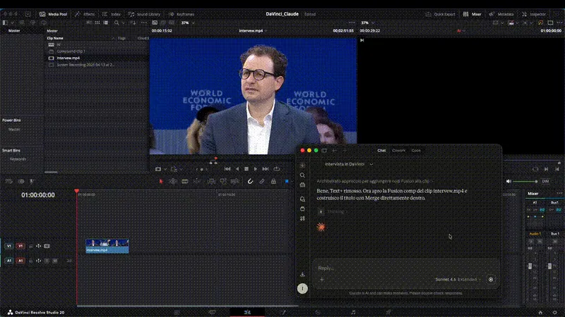 Claude transcribing a clip inside Resolve